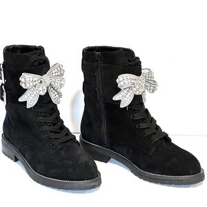 NWT Kurt Geiger Sutton Bow Suede Black Combat Ankle Boots Size 37 / 7